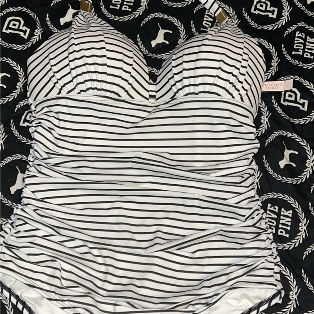 Victoria's Secret Monochrome Striped Swimwear with Ruched sides